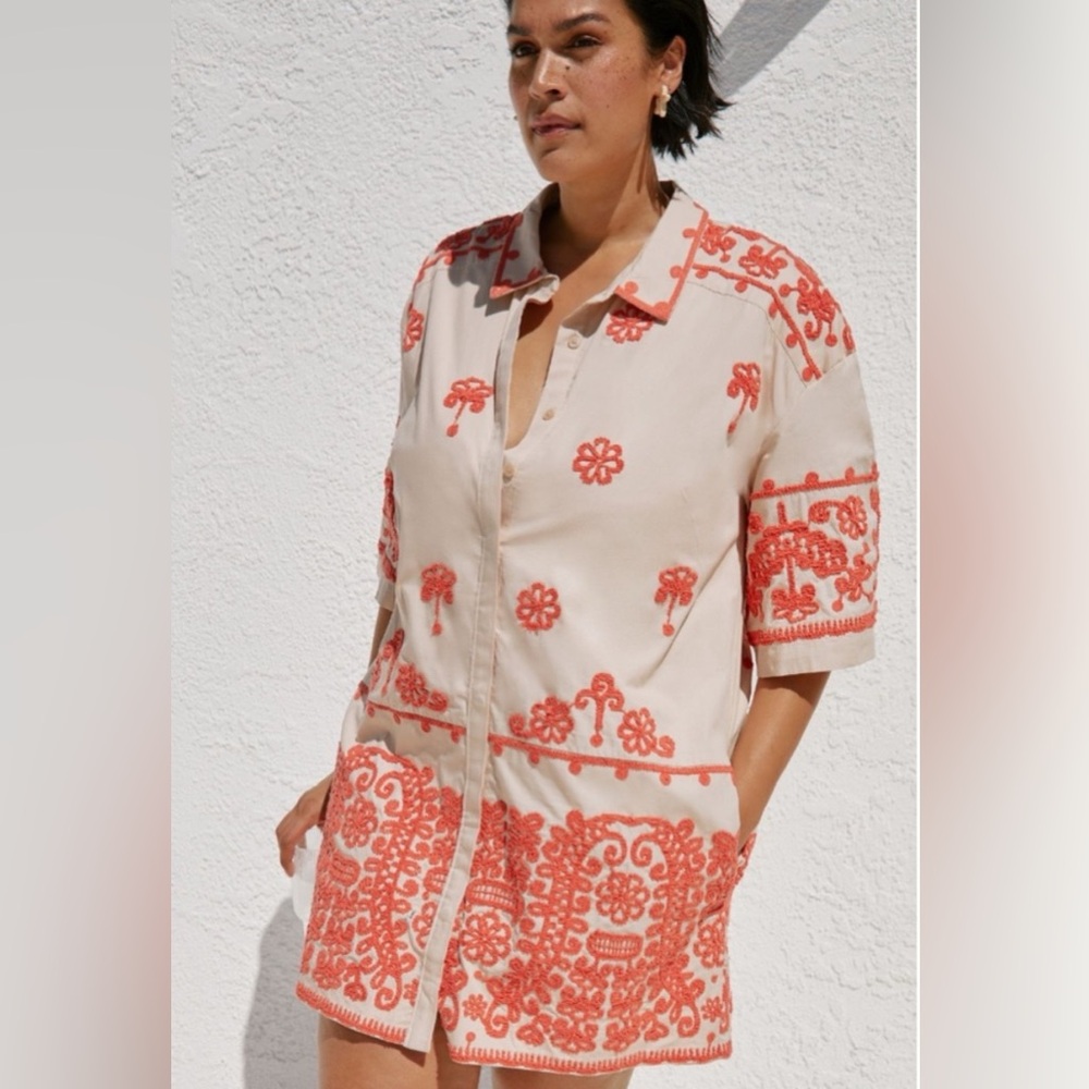 Maeve Anthropologie Embroidered Shirt Dress Utility Safari Style Tan Coral Large - Picture 4 of 15